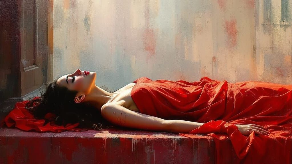 Woman in Red Sheet, Impressionist Cityscape