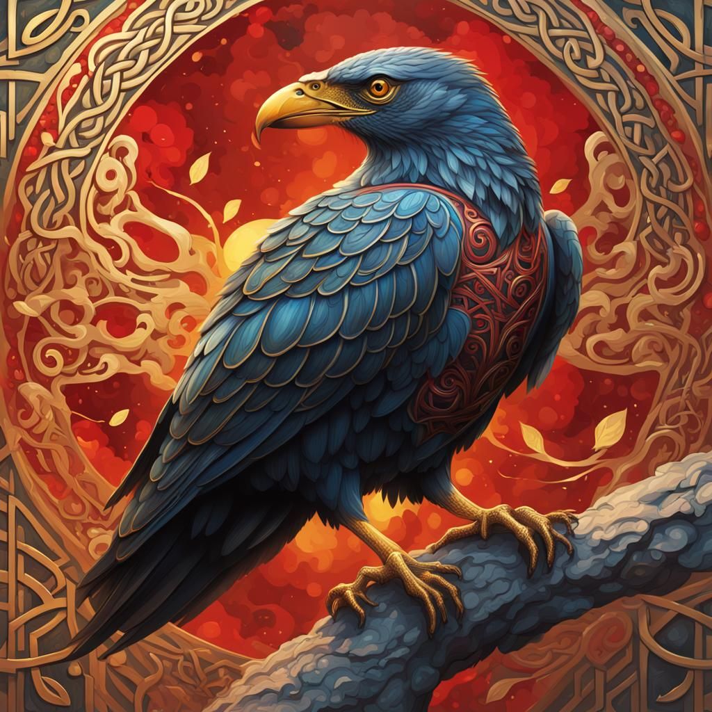Majestic Red and Gold Bird in Celtic Style