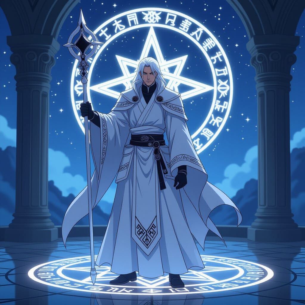 Anime Wizard in Observatory with Starry Sky, Cel-Shaded Styl...