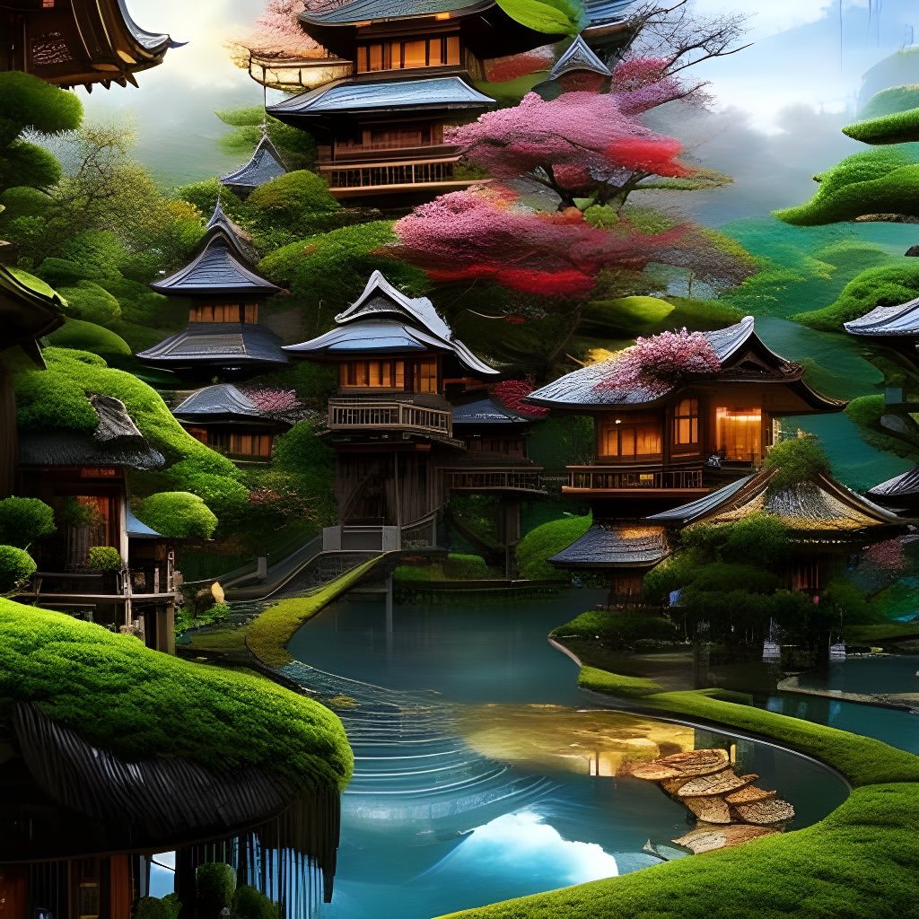 Japanese Onsen in Mountain Forest: Digital Matte Painting