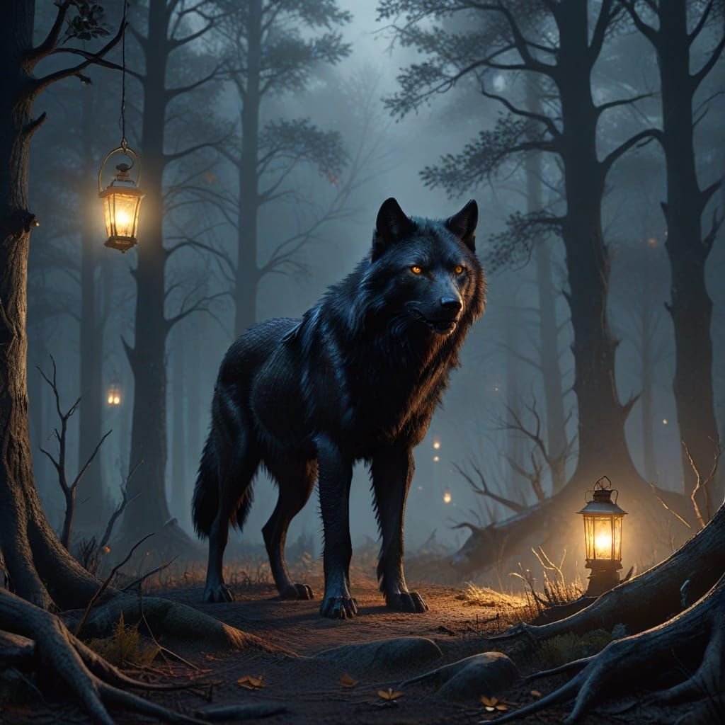 Dark Fantasy Wolf Hunts Deer in Misty Forest