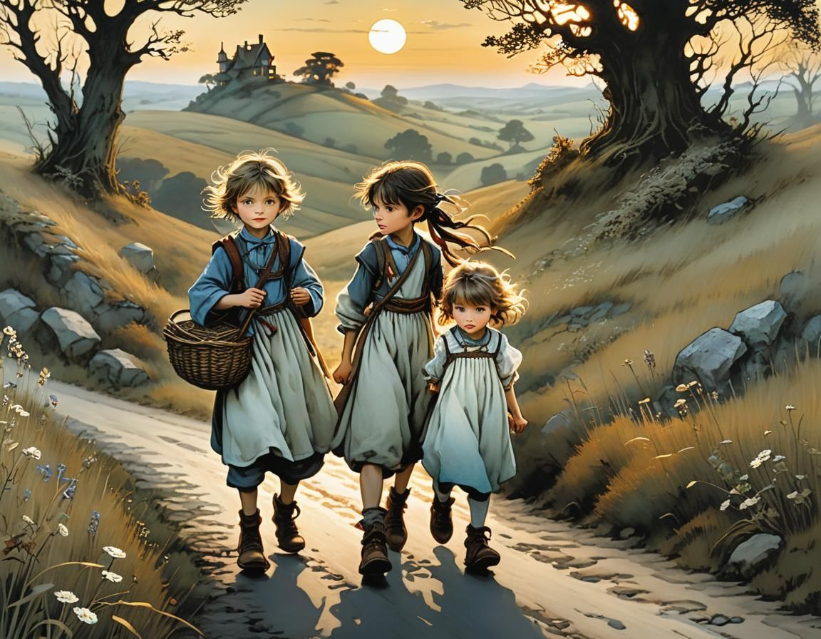 Siblings' Journey on Country Road at Dusk