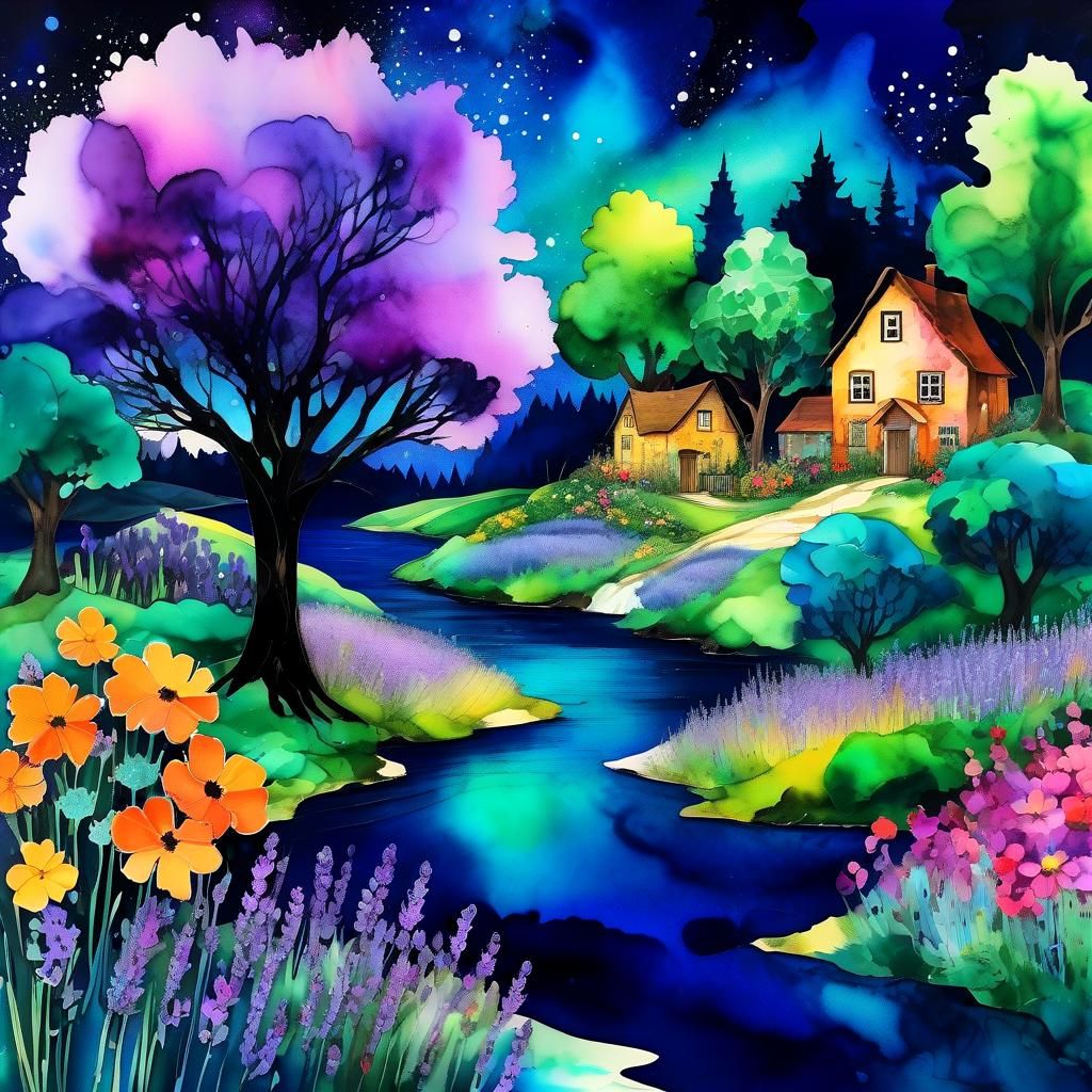 Fairytale Collage of Lavender Trees and River