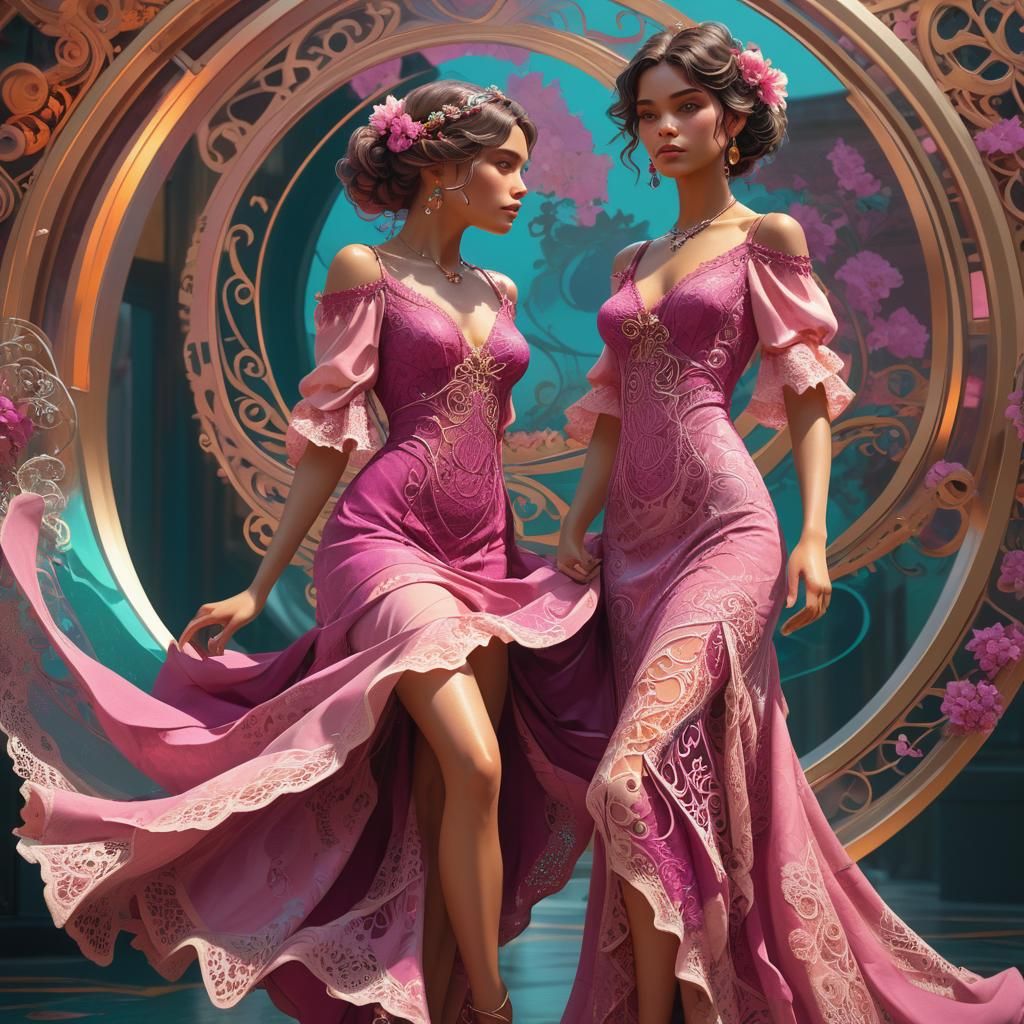 Woman in Swirling Lace Dress: Art Nouveau Style