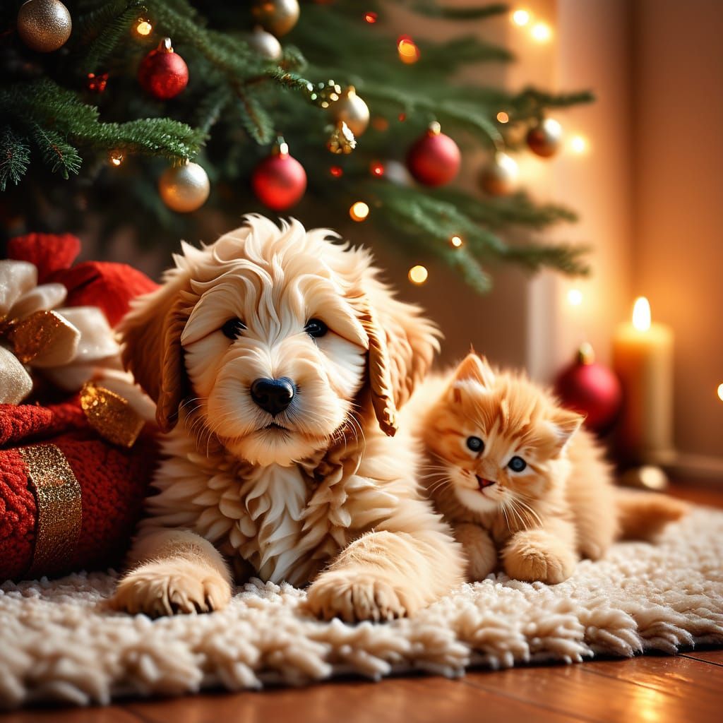 Cozy Golden Doodle Puppy and Kitten by Fireplace
