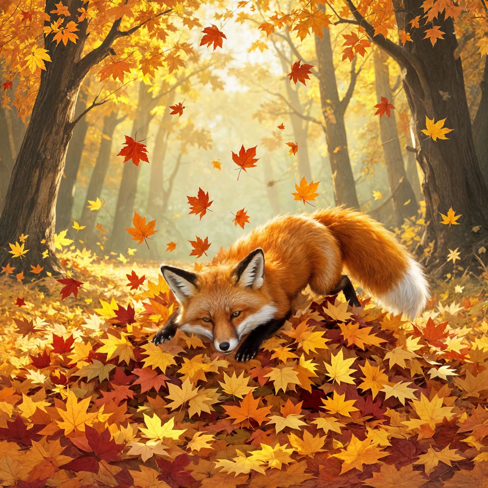 Red Fox Dives Into Autumn Leaves in Sunlit Forest