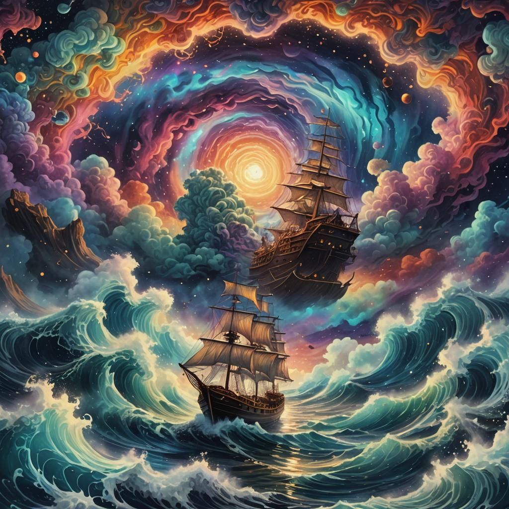 Psychedelic Cosmic Seascape of a Lone Sailor