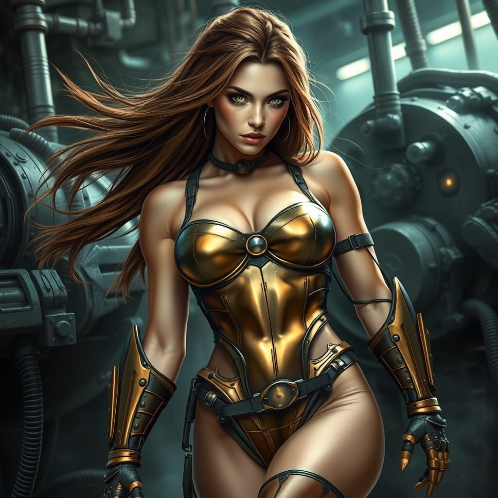 Cyberpunk Warrior Goddess in Bronze Battle Armor