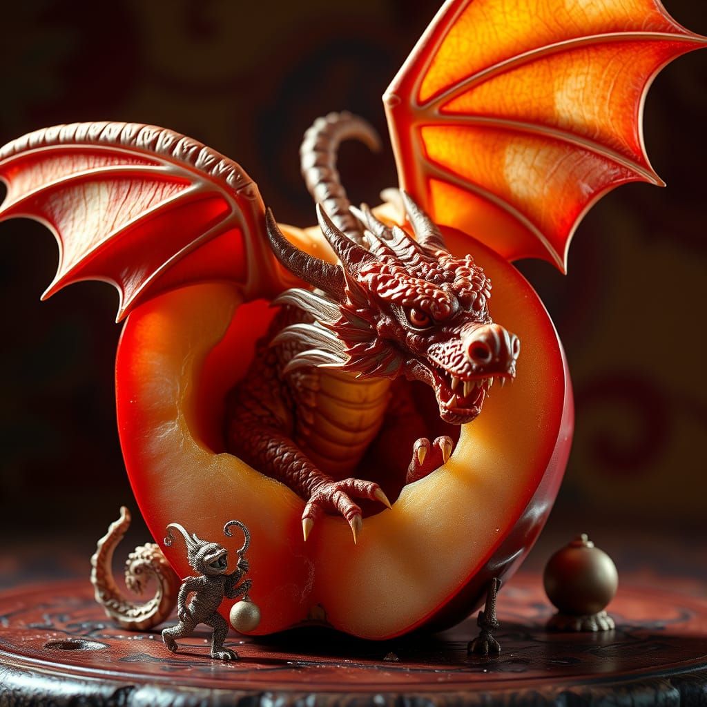 Dragon Carved from Red Apple Pulp in Hyperrealistic Detail