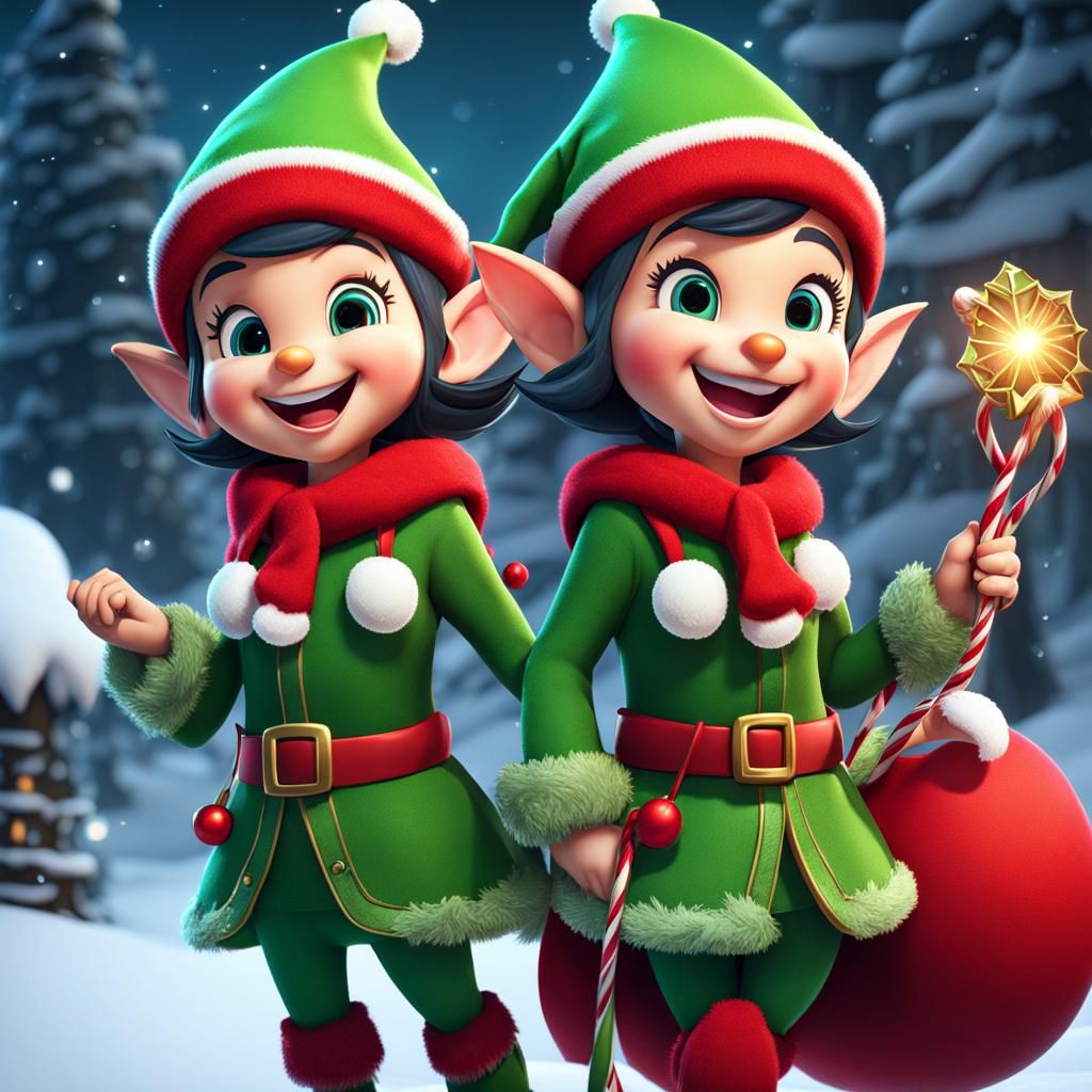 Cartoon Christmas Elves Laughing in the Snow
