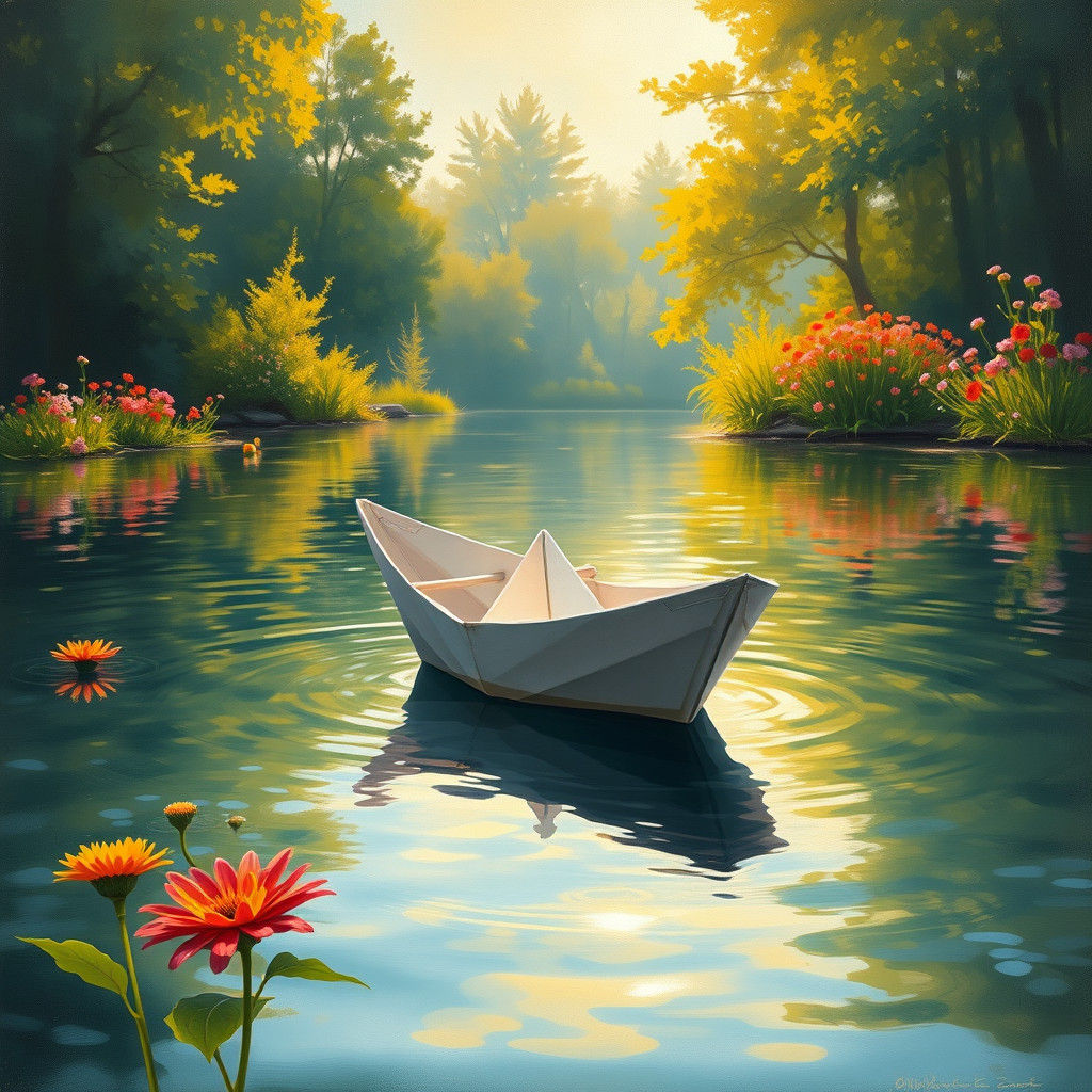 Paper Boat on Serene Lake in Oil Painting Style