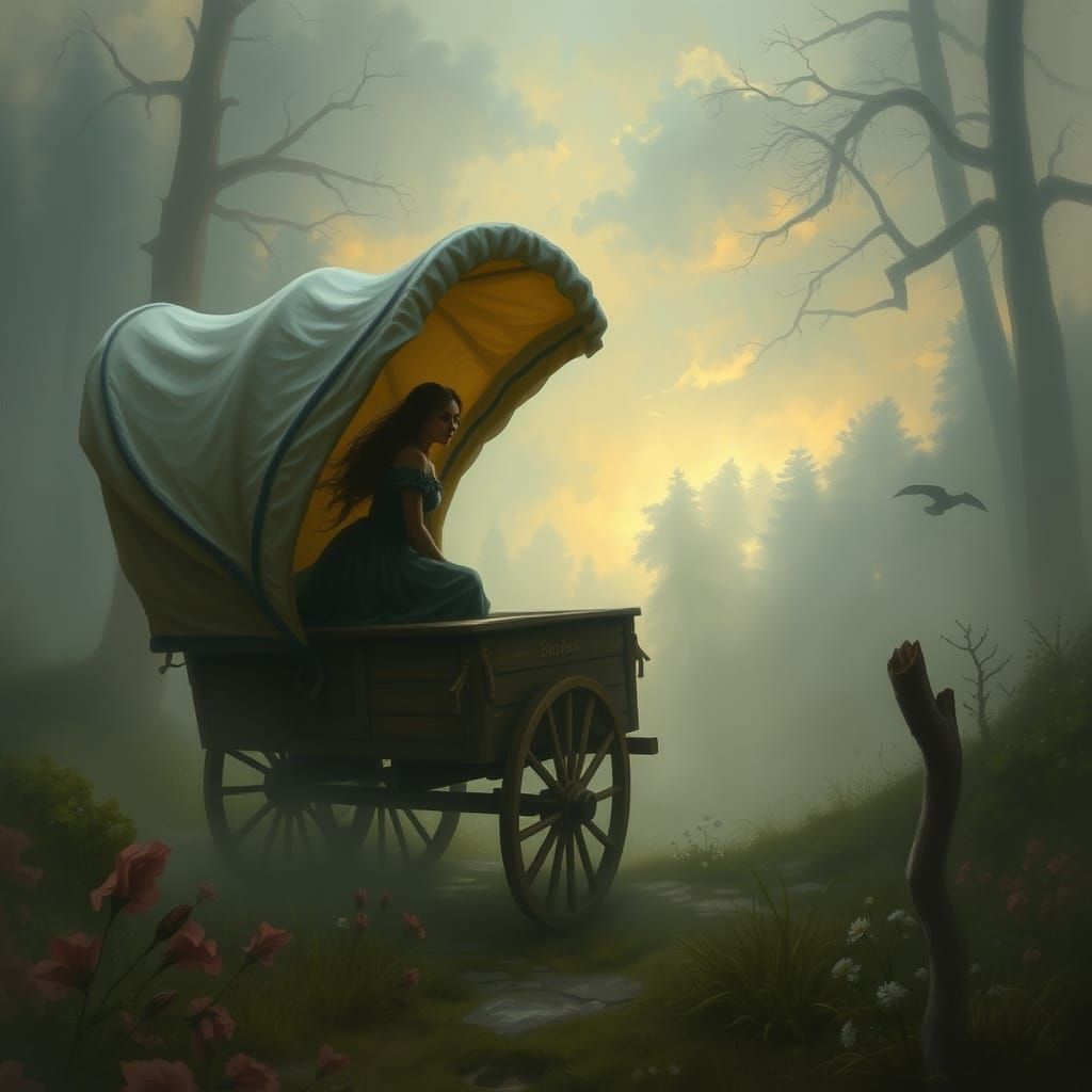 Ethereal Fantasy Wagon Scene in Mystical Style