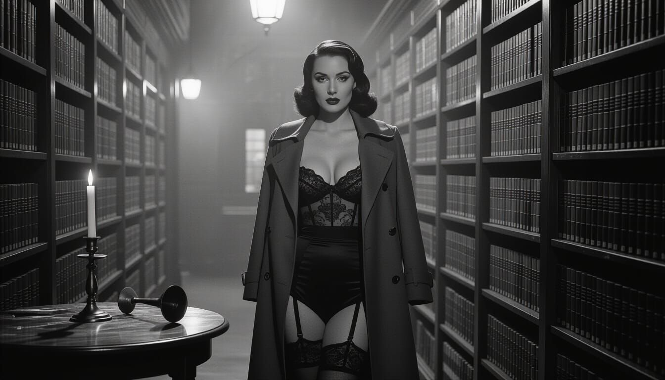 Mysterious Woman in Film Noir Library Alley