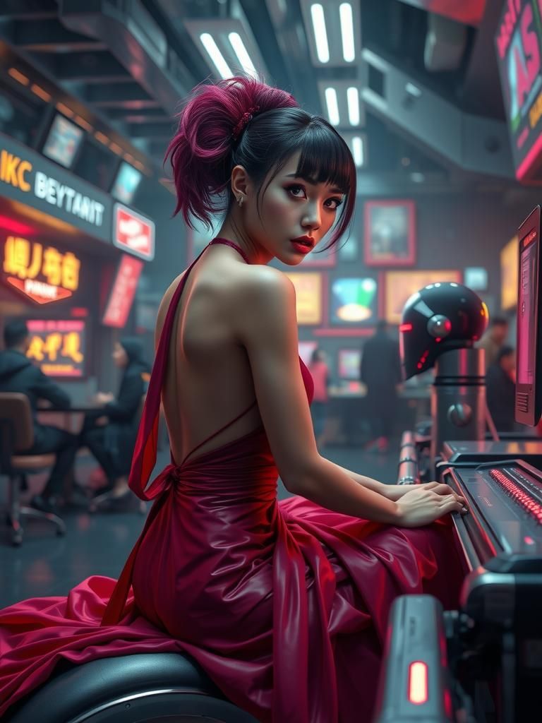 cyberpunk Ada Wong in a red dress