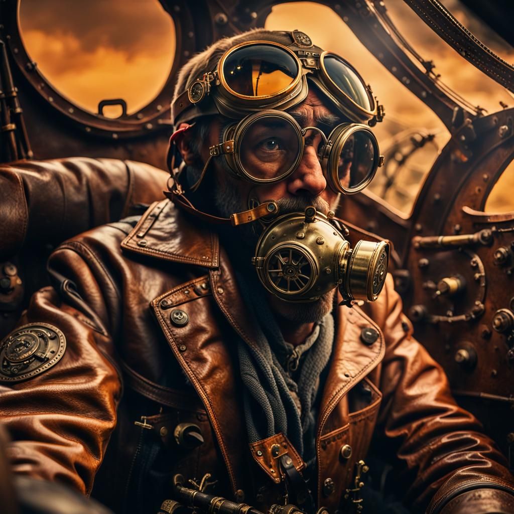 Dieselpunk WWI Pilot in Steam-Powered Airplane