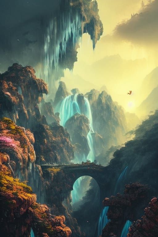 Cliffs, Bridges, Mountains, Waterfall, and Dragon