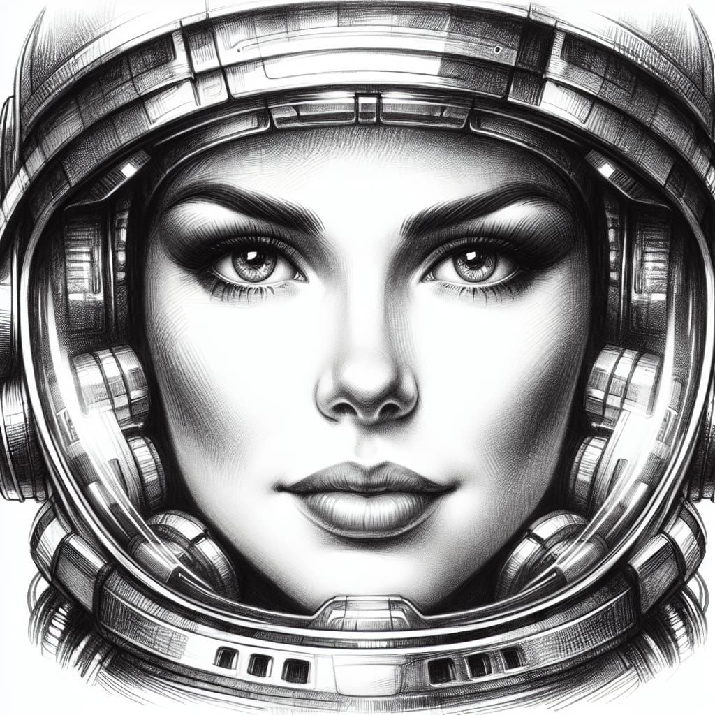 Confident Woman in Futuristic Space Helmet Sketch
