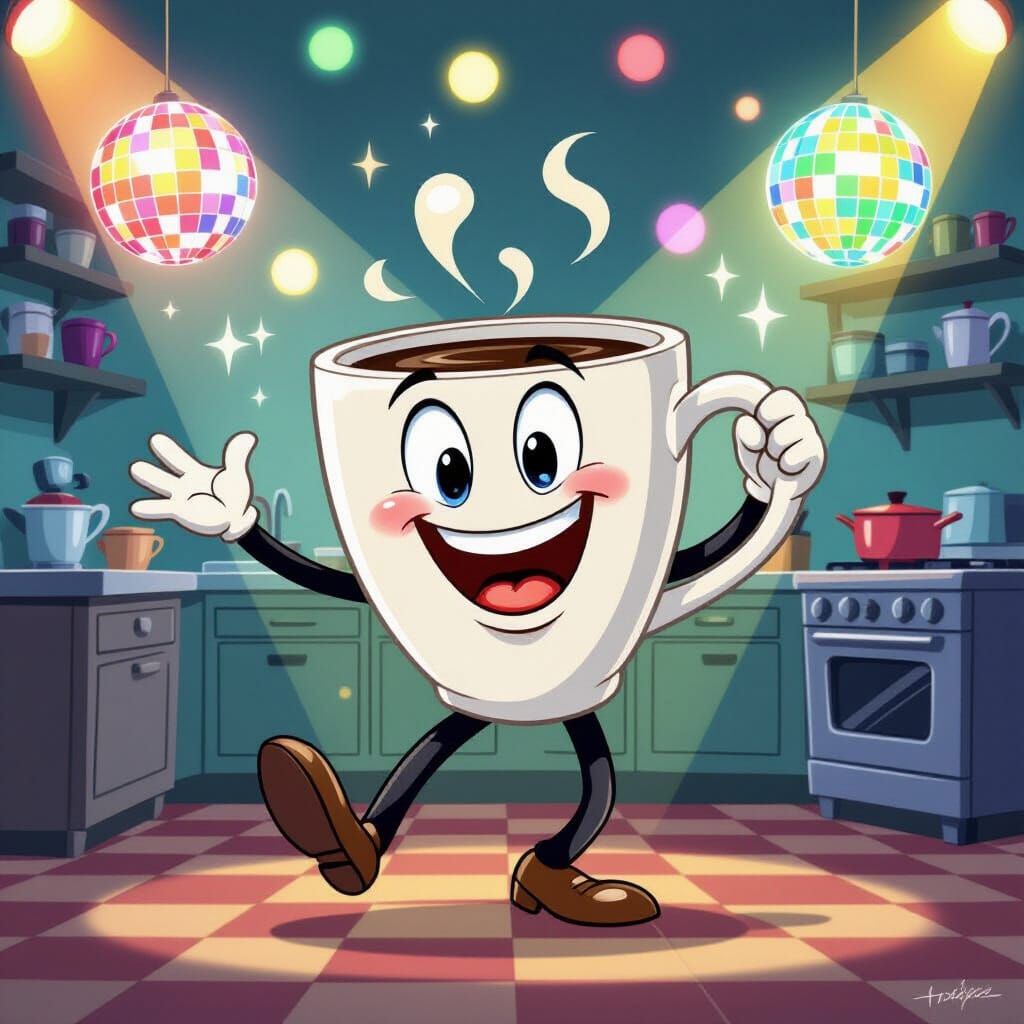 Dancing Coffee Cup Character in Classic Disney Style