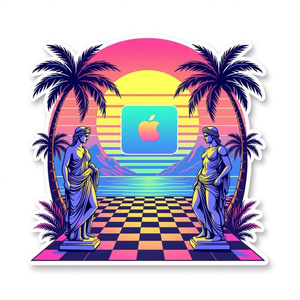 Vibrant Vaporwave Art with Greek Statues and Neon Sunsets