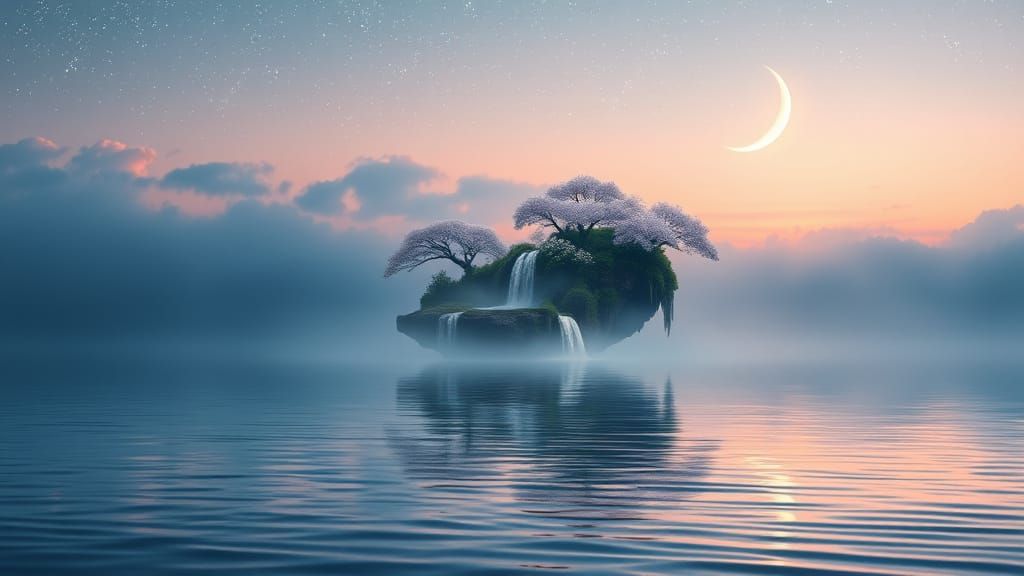 Dreamlike Lake Scene with Floating Island and Waterfalls in ...