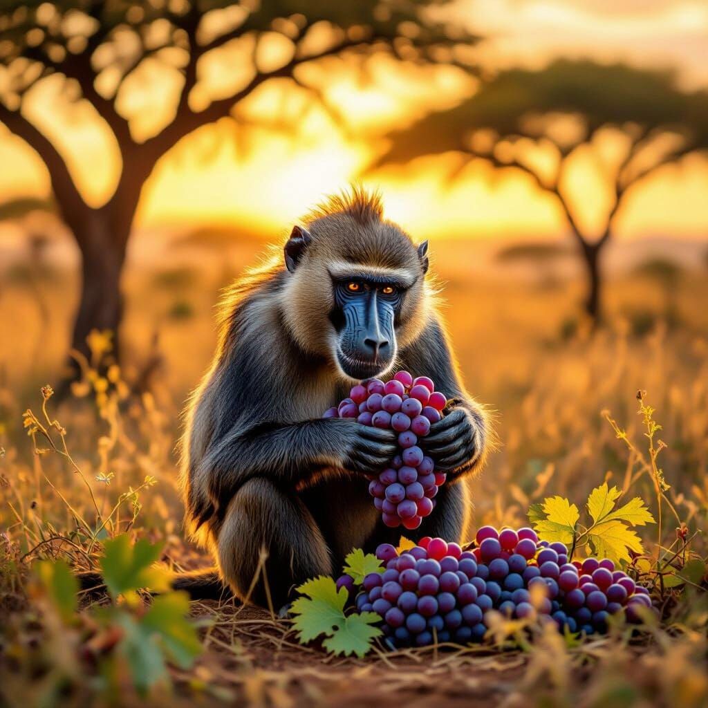 Baboon Grapes in Sun-Drenched Savanna Hyperrealistic Style