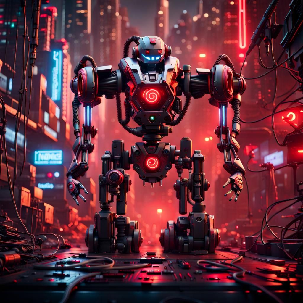 Cyberpunk Robot with Neon Lights and Laser Cannons