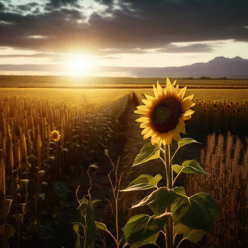 Single Sunflower in Golden Sunset Field