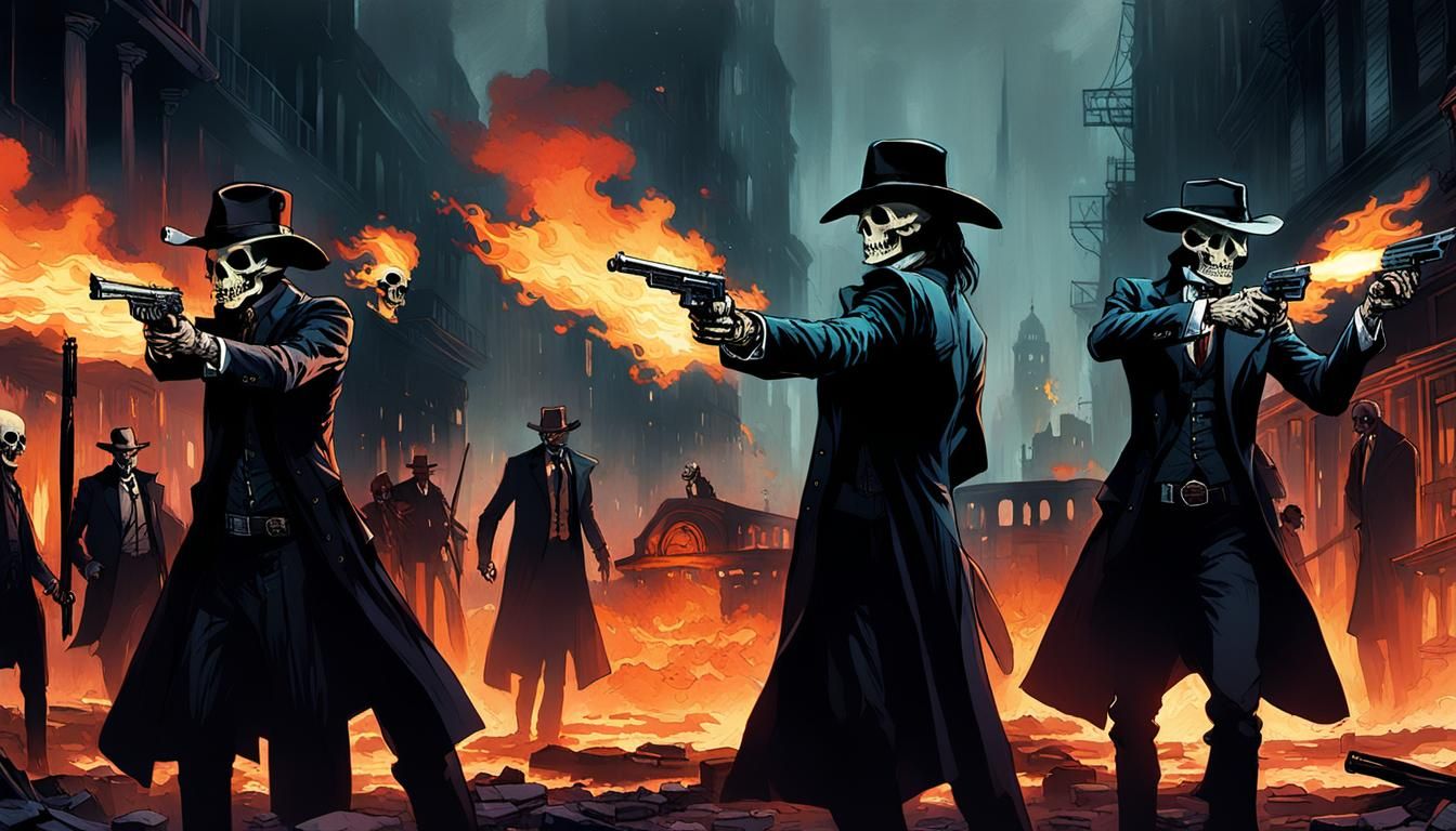 Gothic Skeleton Shootout in Burning Cityscape