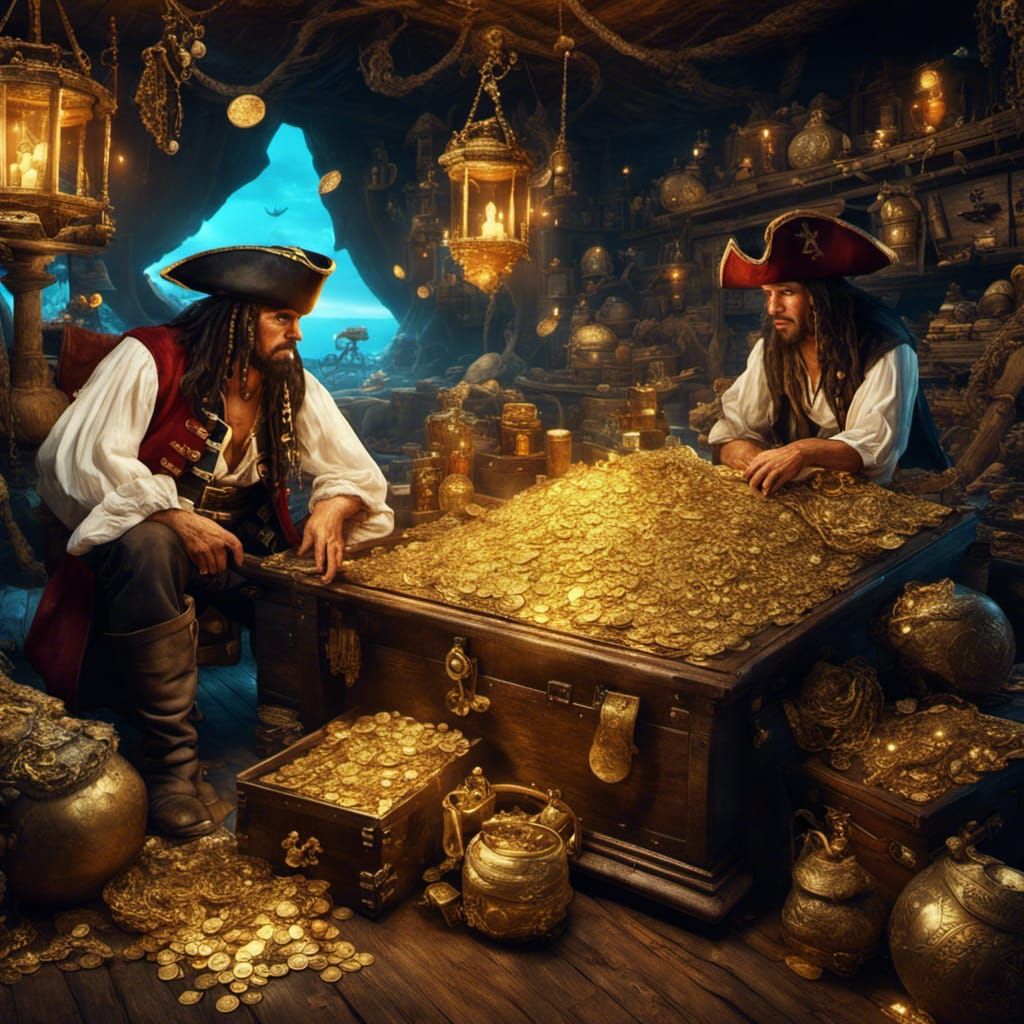 Realistic pirates lounging on a trove of gleaming treasure, ...