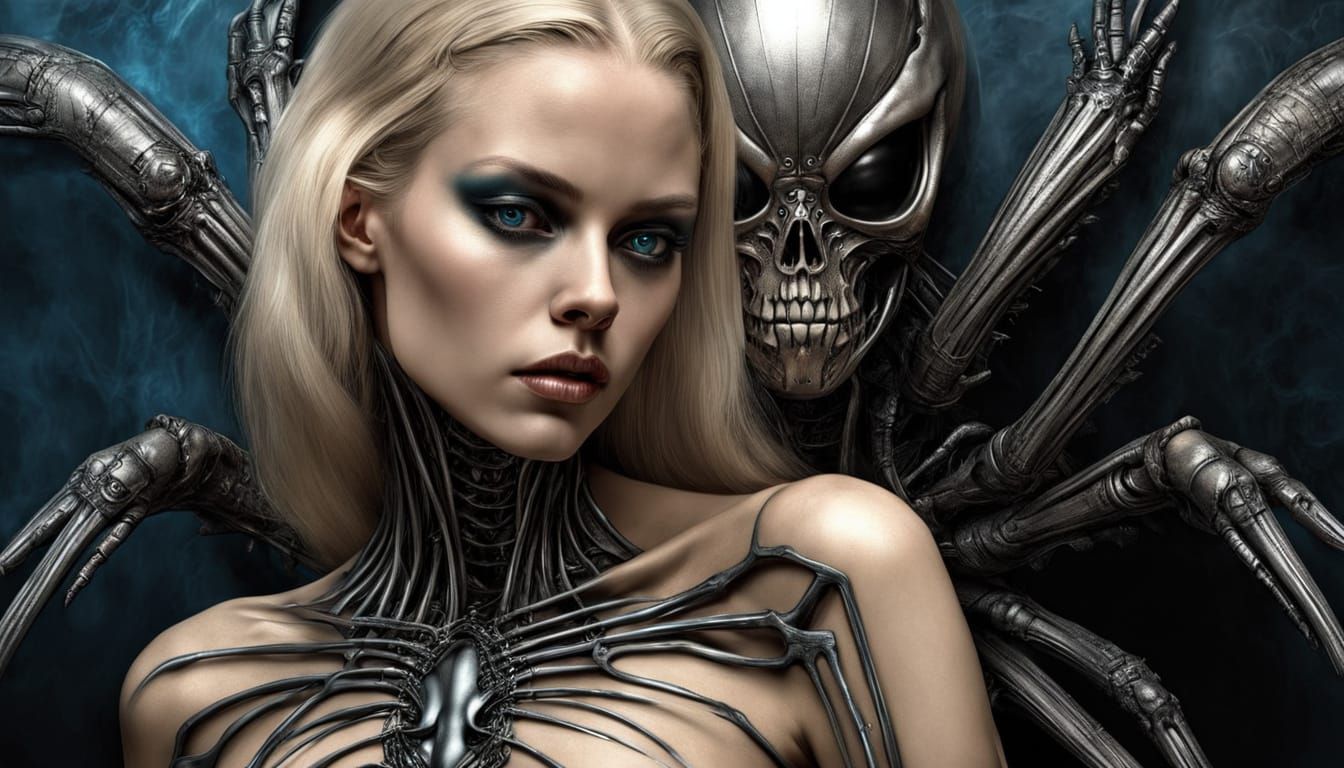 Surreal Portrait of a Blonde Woman with a Biomechanical Tatt...