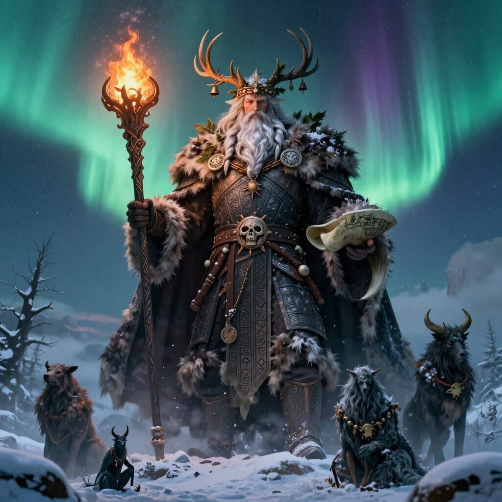 Father of the Long Night on Snowy Ridge Under Aurora Sky