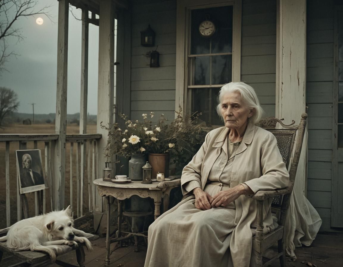 Ethereal Ghostly Woman on Porch in Moonlight