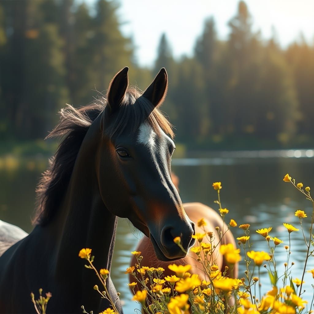 Dark Horse and Foal Reflecting in Lake