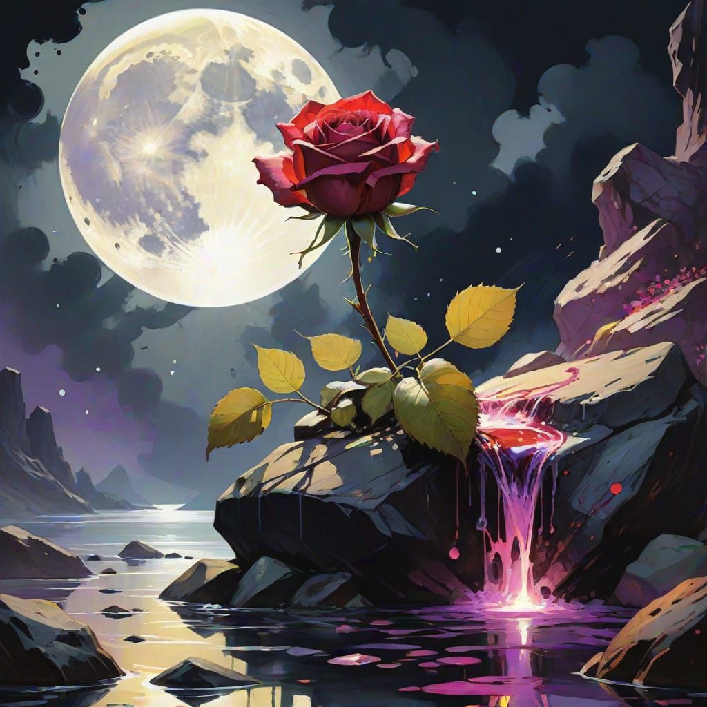 Dark Fantasy Rose Under the Moon in Ink