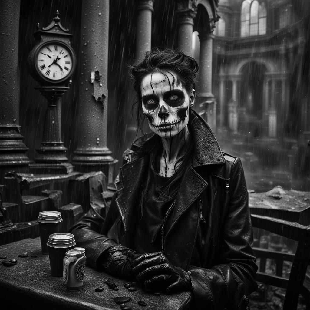 Gothic Model in Coffee Shop: Black and White Photo