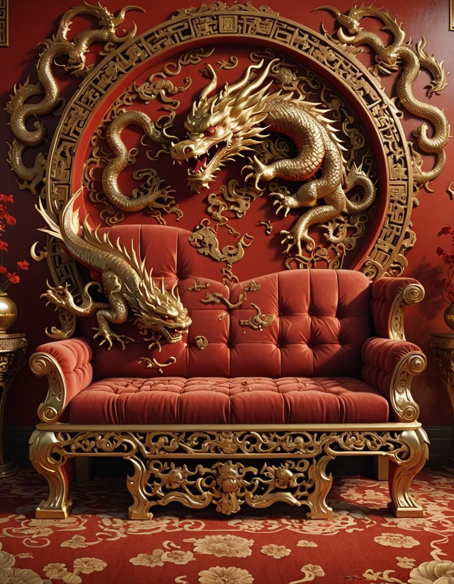 Ornate Golden Dragon Couch in Chinese Style