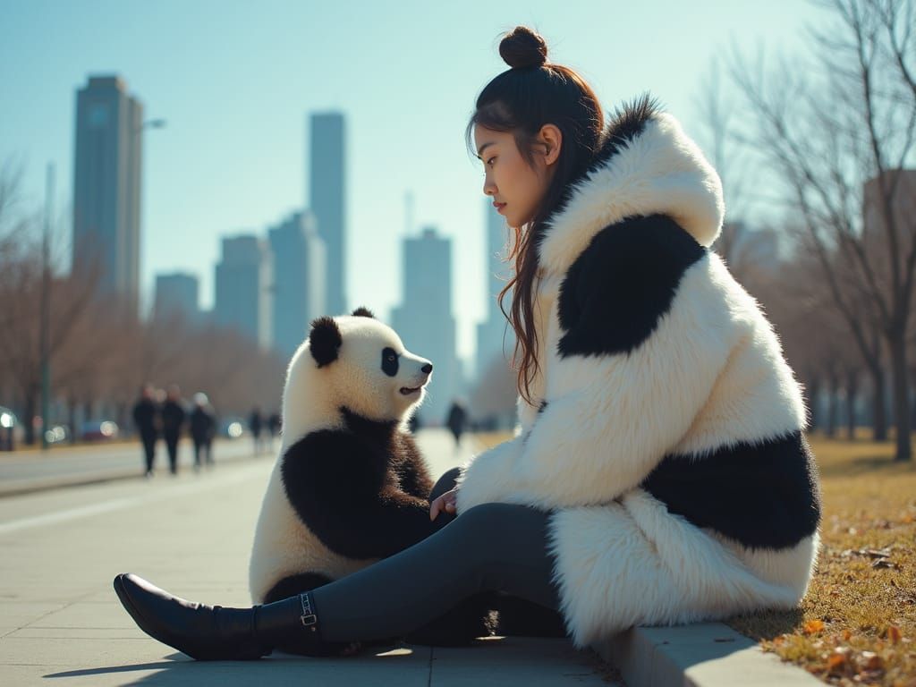Attractive Woman and Panda in Winter Park Film Still
