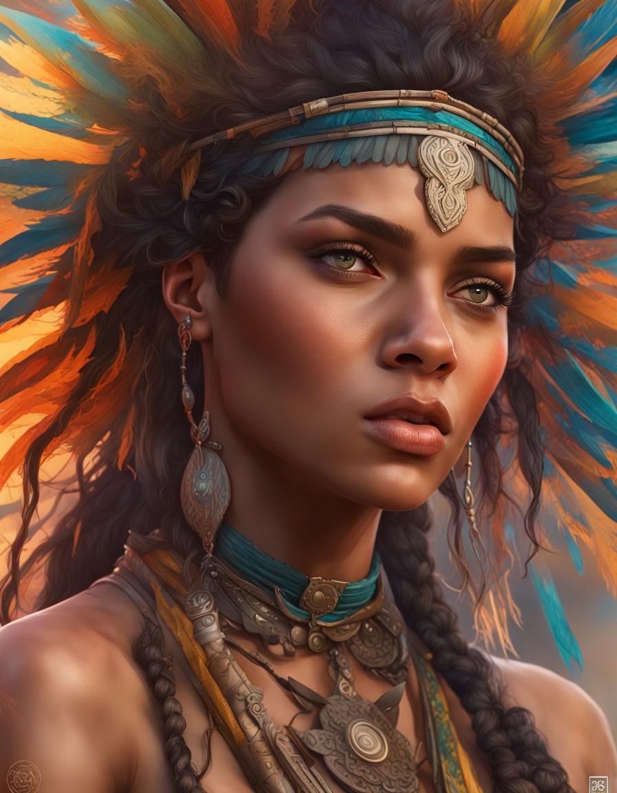 Indigenous Brazilian Woman Portrait in Hyperdetailed Digital...