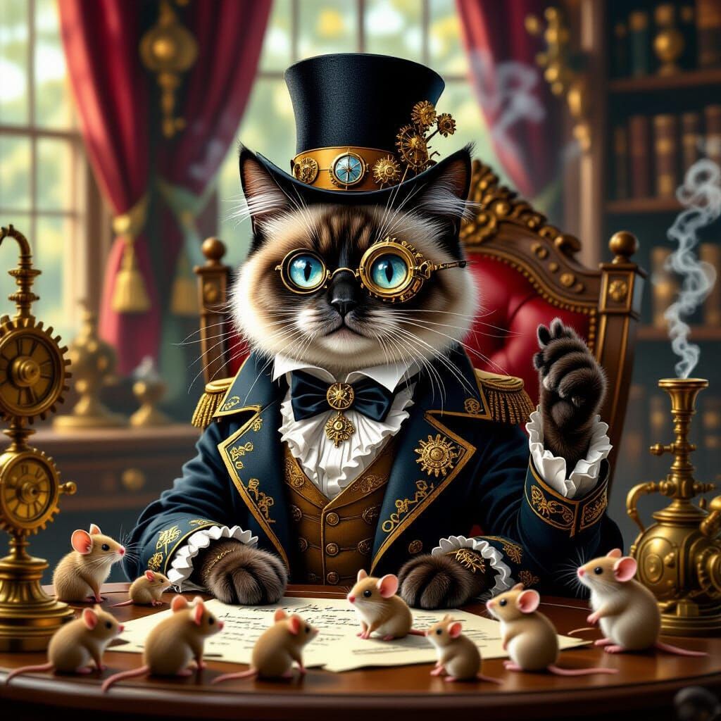 Steampunk Siamese Cat Leads Clockwork Mice Gathering