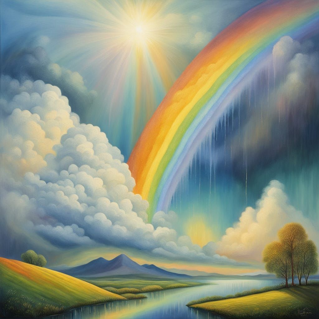 Surreal Rainbow Oil Painting with Heavenly Sunbeams