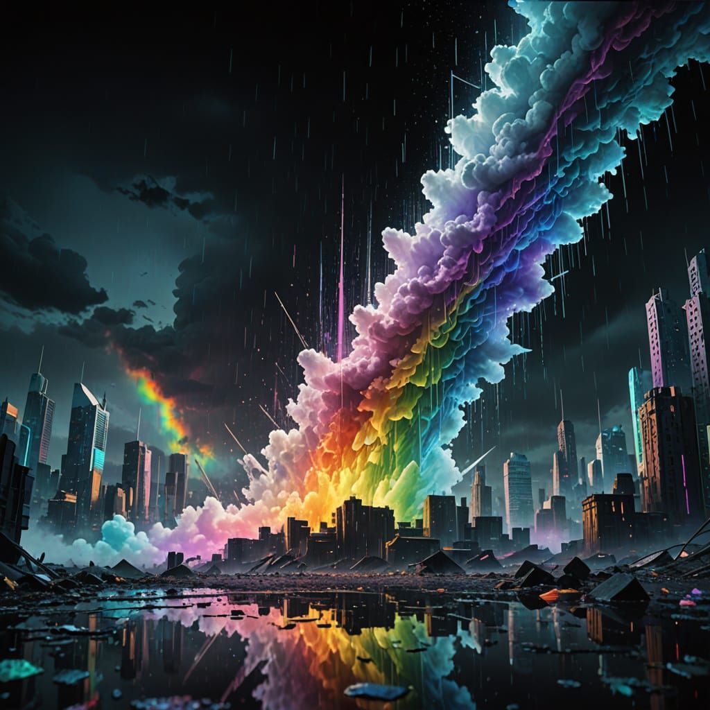Prism Explosion Over Cyberpunk City in Science Fantasy Style