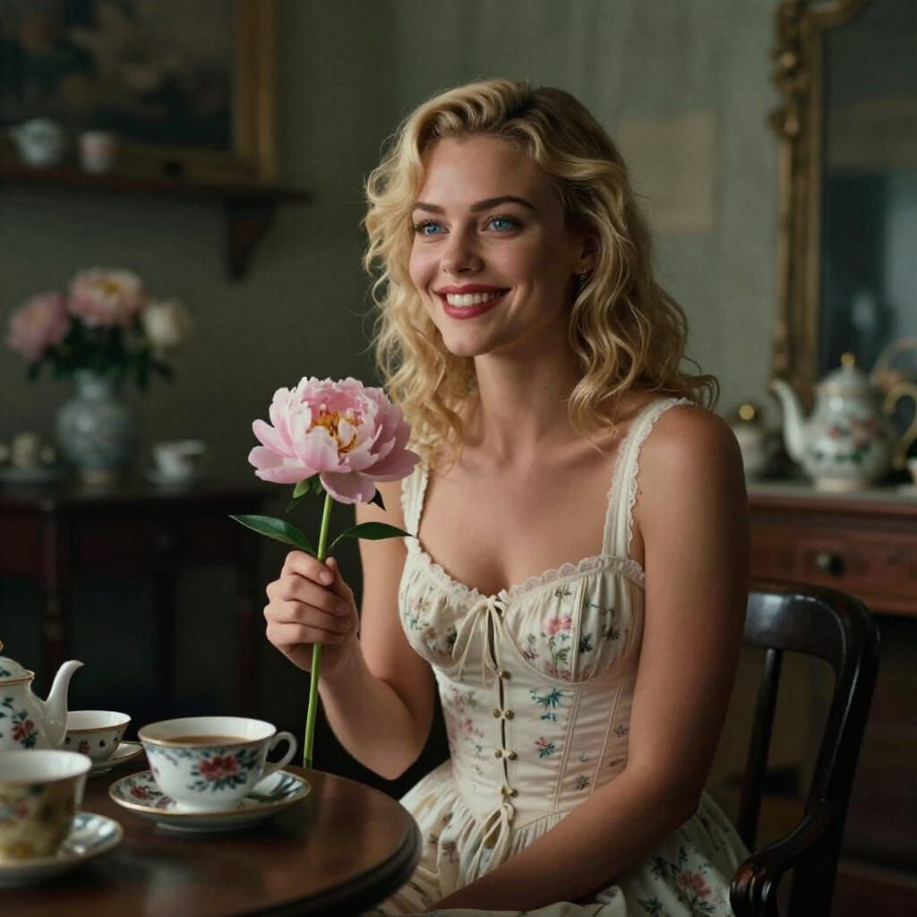 Smiling Woman Holds Peony in Atmospheric Tea Room