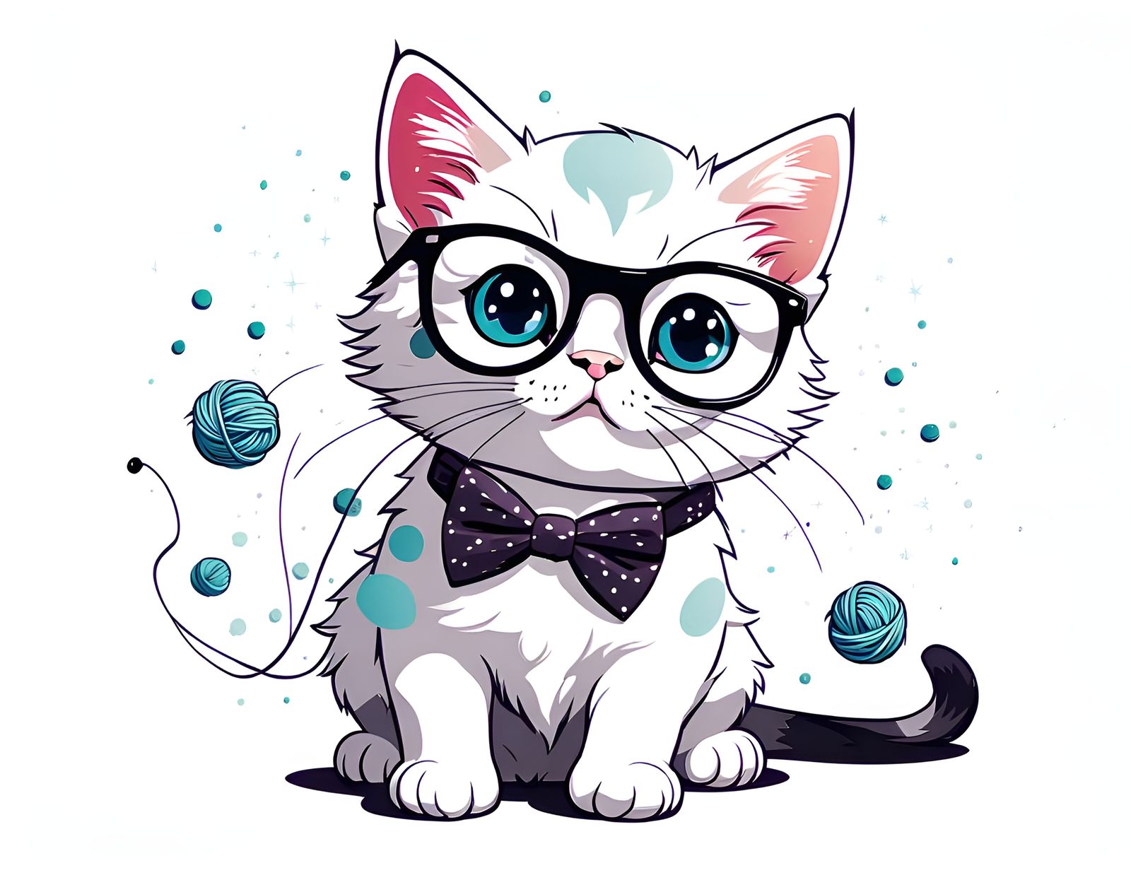 Nerdy Kitten Surrounded by Yarn Balls in Anime Style