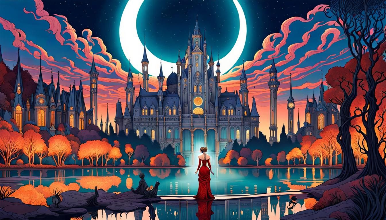 Art Nouveau Fantasy Landscape with Victorian Figure