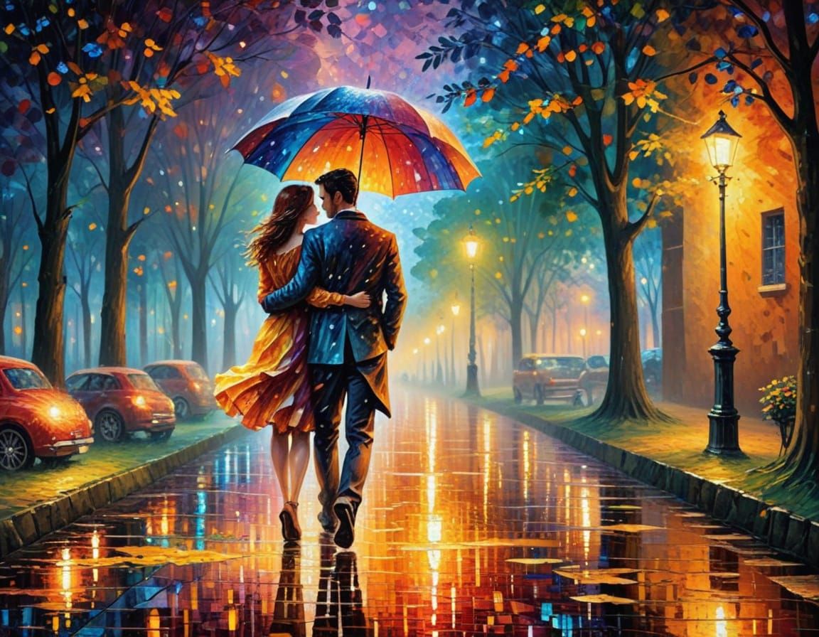 Pointillist Couple Under Umbrella in Prismatic Rain