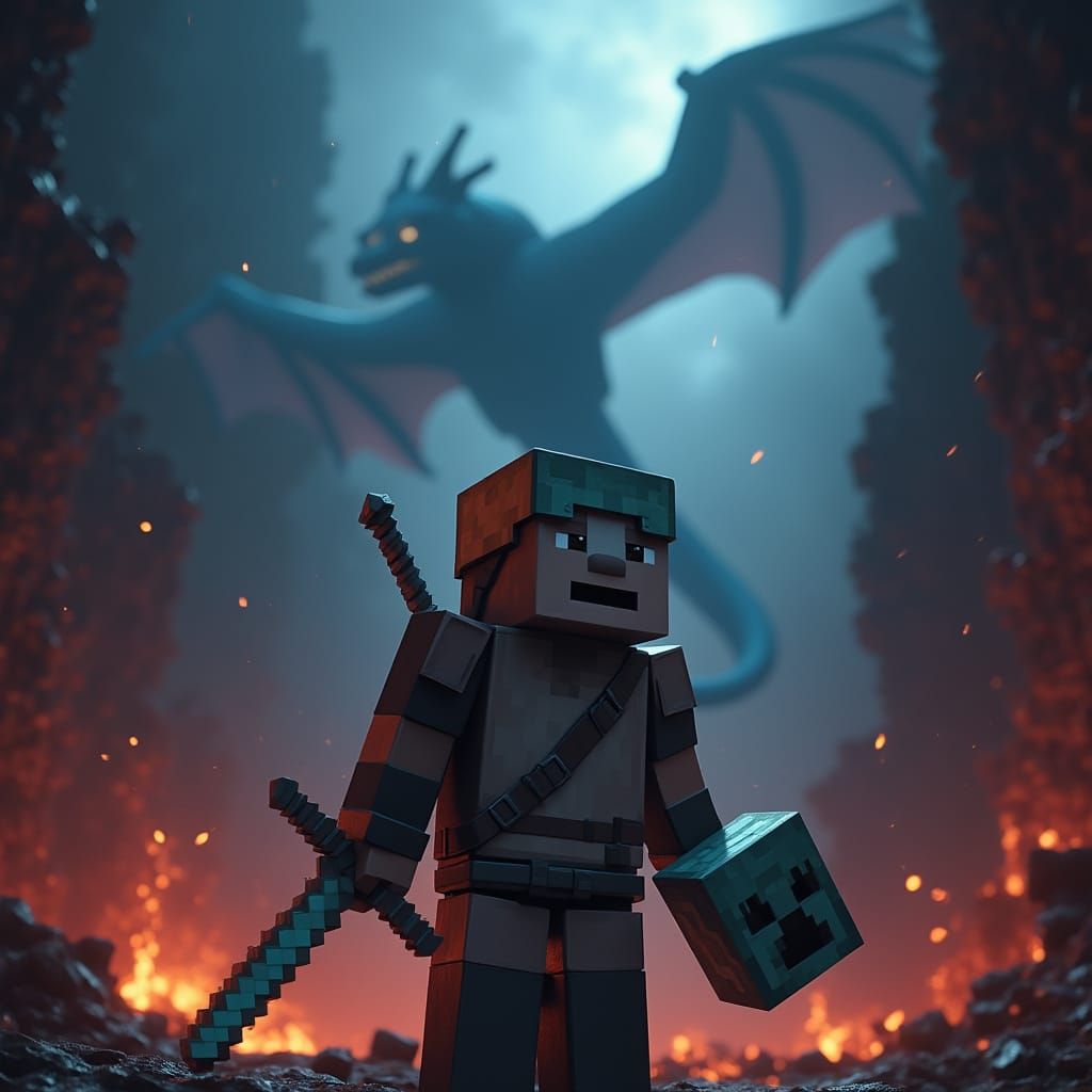 Minecraft Warrior in Nether with Dragon