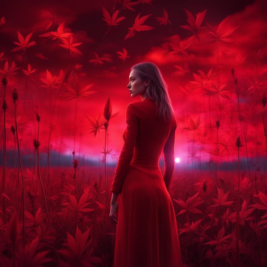 Ethereal Red Woman in Weed Field: Digital Painting