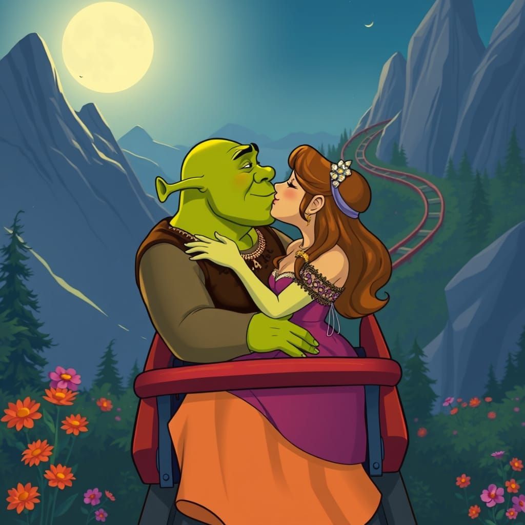 Romantic Disney-Style Shrek and Fiona Bobslay Ride Under Moo...