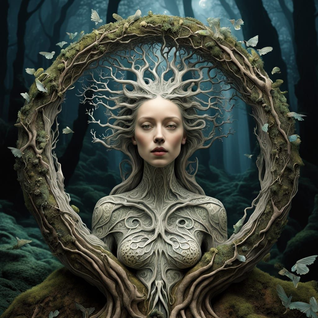 Surreal Tree Goddess in Mystical Labyrinthine Realm