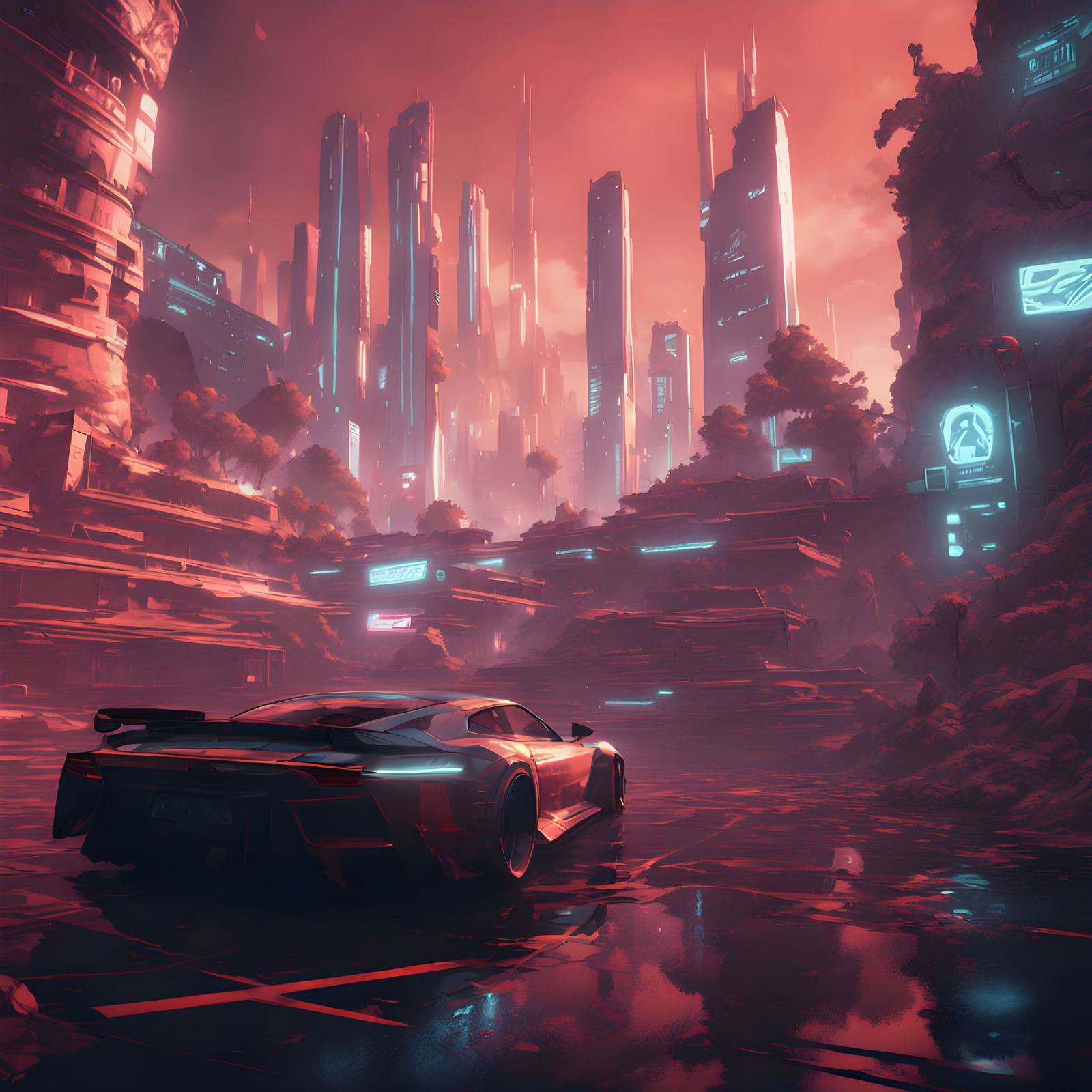 Cyberpunk Fantasy Cityscape in Japanese Aesthetic